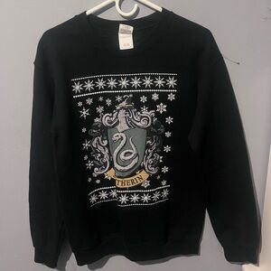 Gildan Black Crewneck Sweater with Green and Silver Slytherin Crest